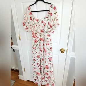 Women’s White Floral Tiered Maxi Dress with Puff Sleeves Babydoll Cottage Fairy